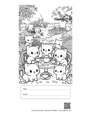 Thumbnail: Chibi Cats Enjoying a Fancy Tea Party Outdoors Printable with Title and Artist Box