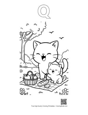 Thumbnail: Chibi Cats to Color Printable Outline Alphabet Q