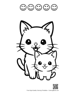 Thumbnail: Chibi Mom Cat and Kitten Smiling Printable and 5 Happy Face Outline