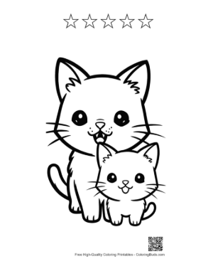 Thumbnail: Chibi Mom Cat and Kitten Smiling Printable and 5 Star Outline