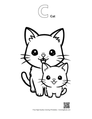 Thumbnail: Chibi Mom Cat and Kitten Smiling Printable Outline Alphabet C Cat