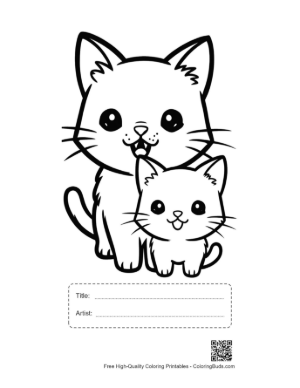Thumbnail: Chibi Mom Cat and Kitten Smiling Printable with Title and Artist Box