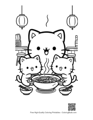 Thumbnail: Cute Cat Family Sharing a Large Bowl of Hot Soup Printable