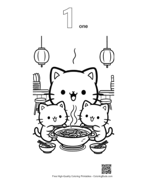 Thumbnail: Cute Cat Family Sharing a Large Bowl of Hot Soup Printable Outline Number 1