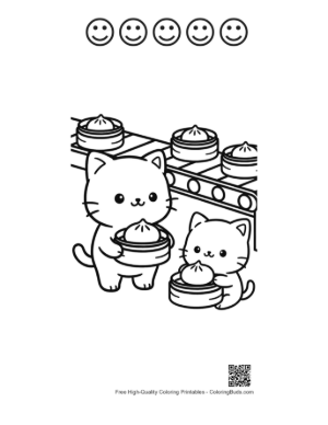 Thumbnail: Cute Kittens Preparing Steamed Buns in a Kitchen Printable and 5 Happy Face Outline