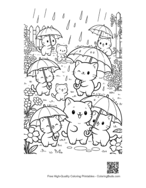 Thumbnail: Group of Adorable Kittens Under Umbrellas in a Rain Shower Printable