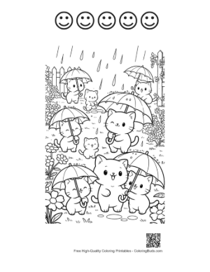 Thumbnail: Group of Adorable Kittens Under Umbrellas in a Rain Shower Printable and 5 Happy Face Outline