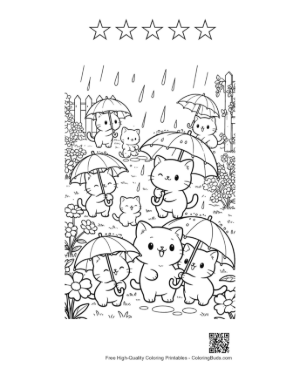 Thumbnail: Group of Adorable Kittens Under Umbrellas in a Rain Shower Printable and 5 Star Outline