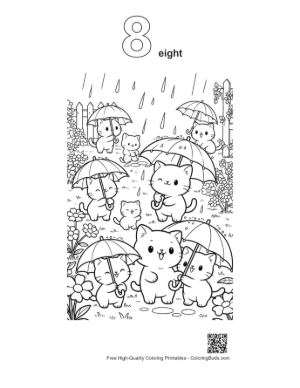Thumbnail: Group of Adorable Kittens Under Umbrellas in a Rain Shower Printable Outline Number 8
