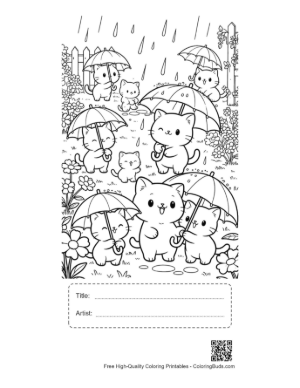 Thumbnail: Group of Adorable Kittens Under Umbrellas in a Rain Shower Printable with Title and Artist Box