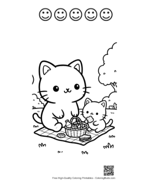 Thumbnail: Group of Chibi Cats Enjoying a Picnic in the Park Printable and 5 Happy Face Outline