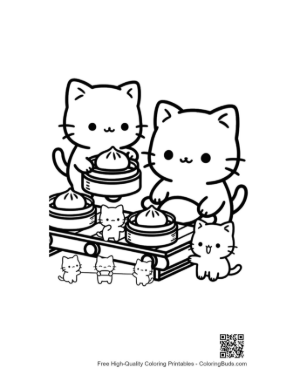 Thumbnail: Happy Cat Family Sharing a Dim Sum Meal Together Printable