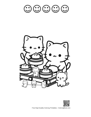 Thumbnail: Happy Cat Family Sharing a Dim Sum Meal Together Printable and 5 Happy Face Outline