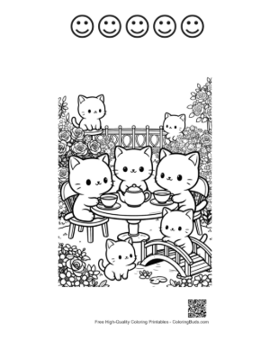 Thumbnail: Small Kittens Having a Delightful Tea Party by a Bridge Printable and 5 Happy Face Outline