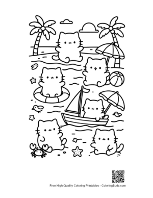 Thumbnail: Adorable Cat Characters Enjoying a Beach Picnic at Sunset Printable
