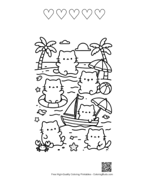 Thumbnail: Adorable Cat Characters Enjoying a Beach Picnic at Sunset Printable and 5 Heart Outline