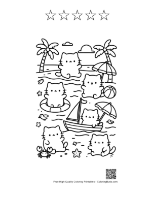 Thumbnail: Adorable Cat Characters Enjoying a Beach Picnic at Sunset Printable and 5 Star Outline