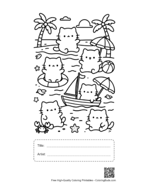Thumbnail: Adorable Cat Characters Enjoying a Beach Picnic at Sunset Printable with Title and Artist Box