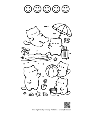 Thumbnail: Adorable Cat Enjoying a Summer Vacation at the Seaside Printable and 5 Happy Face Outline