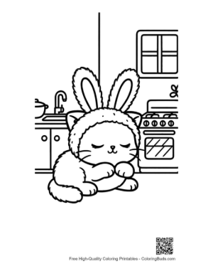 Thumbnail: Adorable Kitten Wearing Bunny Ears Sleeping in the Kitchen Printable