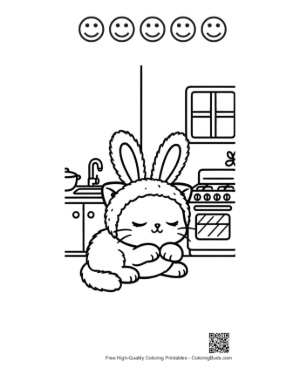 Thumbnail: Adorable Kitten Wearing Bunny Ears Sleeping in the Kitchen Printable and 5 Happy Face Outline