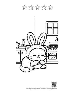 Thumbnail: Adorable Kitten Wearing Bunny Ears Sleeping in the Kitchen Printable and 5 Star Outline