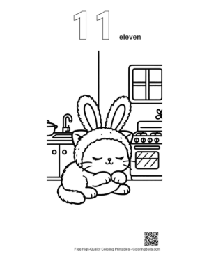 Thumbnail: Adorable Kitten Wearing Bunny Ears Sleeping in the Kitchen Printable Outline Number 11