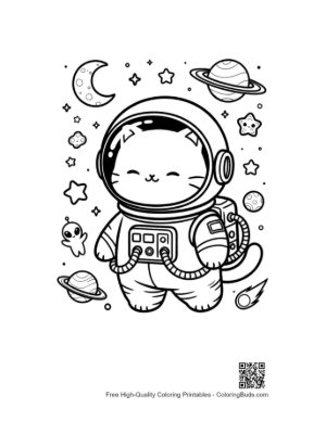 Thumbnail: Cute Astronaut Cat Floating Near a Rocket Ship in Space Printable