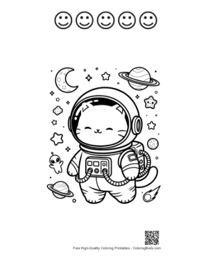 Thumbnail: Cute Astronaut Cat Floating Near a Rocket Ship in Space Printable and 5 Happy Face Outline
