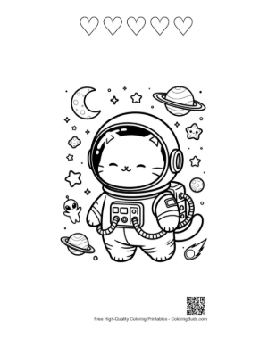 Thumbnail: Cute Astronaut Cat Floating Near a Rocket Ship in Space Printable and 5 Heart Outline