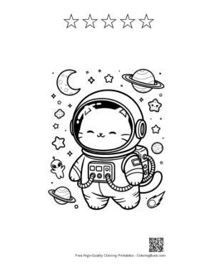 Thumbnail: Cute Astronaut Cat Floating Near a Rocket Ship in Space Printable and 5 Star Outline