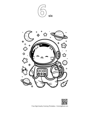 Thumbnail: Cute Astronaut Cat Floating Near a Rocket Ship in Space Printable Outline Number 6
