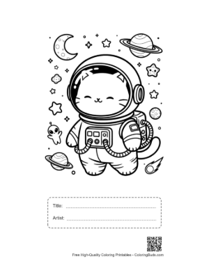 Thumbnail: Cute Astronaut Cat Floating Near a Rocket Ship in Space Printable with Title and Artist Box