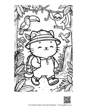Thumbnail: Cute Hiker Kitten Exploring a Tropical Jungle Forest Printable