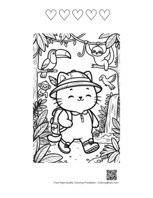 Thumbnail: Cute Hiker Kitten Exploring a Tropical Jungle Forest Printable and 5 Heart Outline