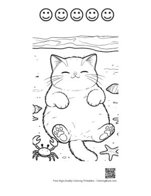 Thumbnail: Cute Kitten Sunbathing on a Tropical Beach Near the Ocean Printable and 5 Happy Face Outline