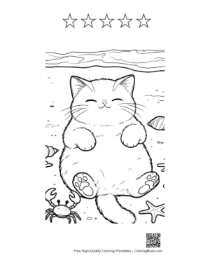 Thumbnail: Cute Kitten Sunbathing on a Tropical Beach Near the Ocean Printable and 5 Star Outline