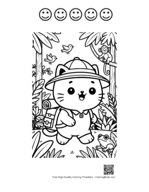 Thumbnail: Happy Explorer Cat with a Backpack in the Jungle Printable and 5 Happy Face Outline