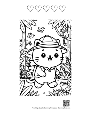 Thumbnail: Happy Explorer Cat with a Backpack in the Jungle Printable and 5 Heart Outline