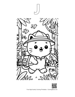 Thumbnail: Happy Explorer Cat with a Backpack in the Jungle Printable Outline Alphabet J