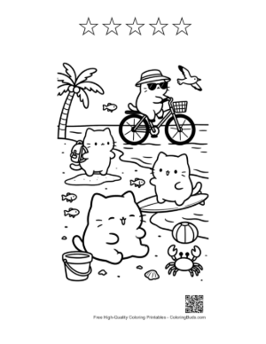 Thumbnail: Happy Kitten Cycling on a Beach Path with a Palm Tree Printable and 5 Star Outline