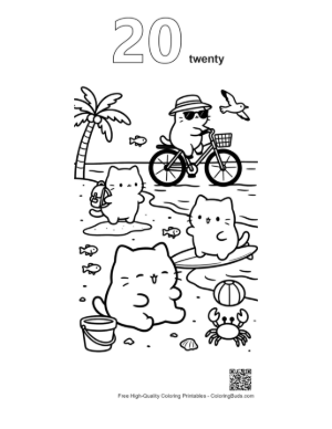 Thumbnail: Happy Kitten Cycling on a Beach Path with a Palm Tree Printable Outline Number 20