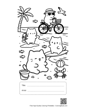 Thumbnail: Happy Kitten Cycling on a Beach Path with a Palm Tree Printable with Title and Artist Box