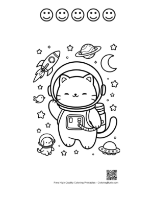 Thumbnail: Happy Space Cat Jumping Among Stars and Planets Printable and 5 Happy Face Outline