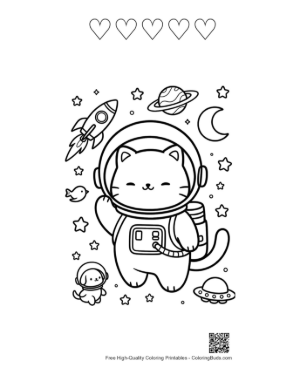Thumbnail: Happy Space Cat Jumping Among Stars and Planets Printable and 5 Heart Outline