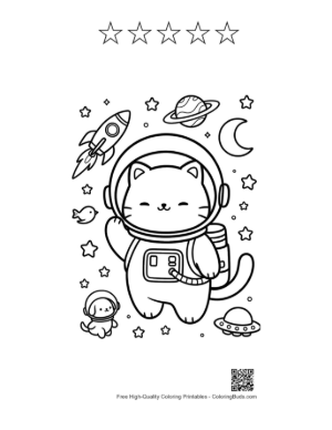 Thumbnail: Happy Space Cat Jumping Among Stars and Planets Printable and 5 Star Outline