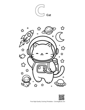 Thumbnail: Happy Space Cat Jumping Among Stars and Planets Printable Outline Alphabet C Cat