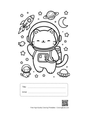 Thumbnail: Happy Space Cat Jumping Among Stars and Planets Printable with Title and Artist Box