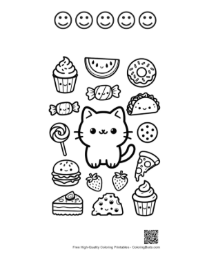 Thumbnail: Adorable Kawaii Bear Cub Playing with a Mini Tank in the Forest Printable and 5 Happy Face Outline