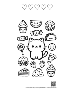 Thumbnail: Adorable Kawaii Bear Cub Playing with a Mini Tank in the Forest Printable and 5 Heart Outline